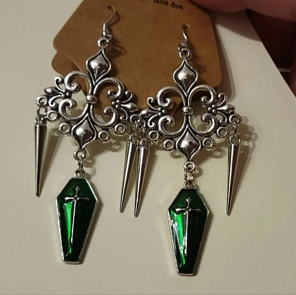 Green Coffin Dangle Earrings w/ Silvertone Spikes Gothic Handmade Punk Emo Goth - Picture 3 of 10